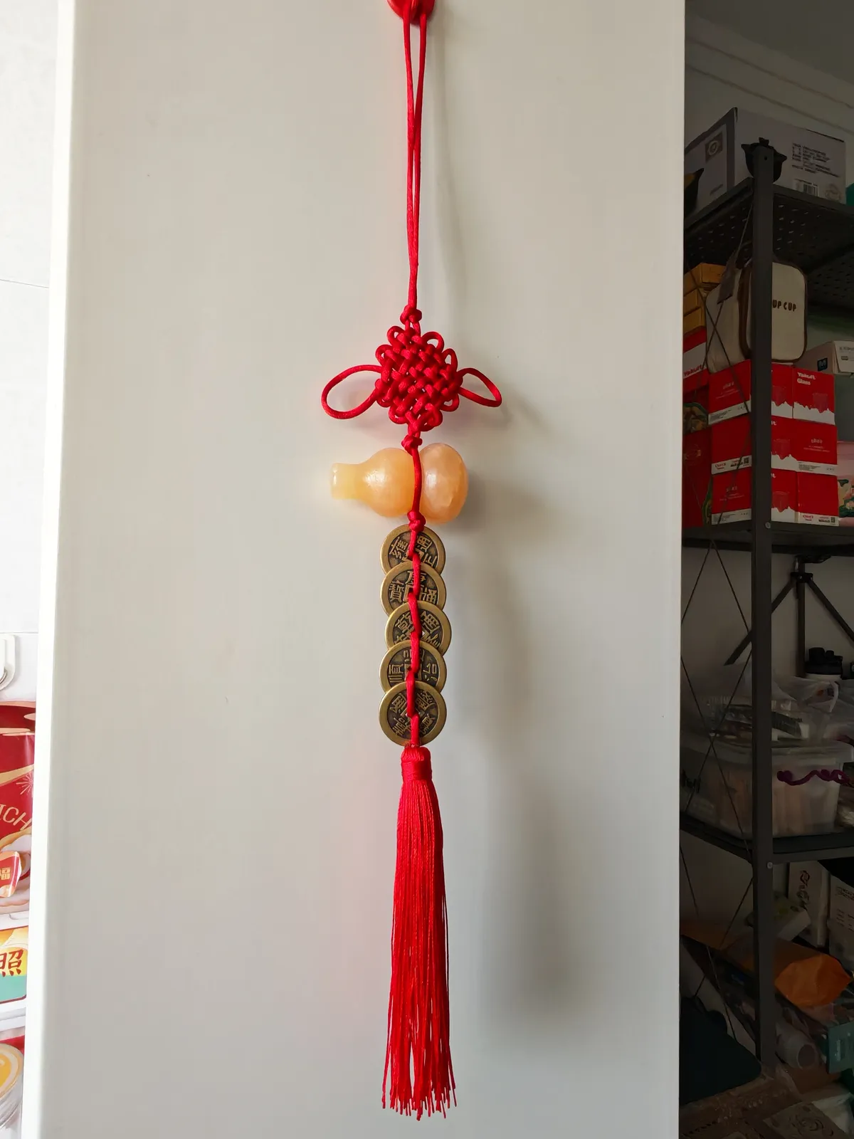 Handcrafted Imperial Five Coins Feng Shui Tassel with Yellow Jade Gourd – Earth Element Wealth & Protection Hanging Decor (40cm) image 1